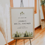 Poster JENNA Rustic Pine Tree Fête des mariées Bienvenue<br><div class="desc">Ce panneau d'accueil pour la douche nuptiale est orné de pins aquarellés rustiques et d'une police manuscrite bohème. Ce signe de bienvenue a une formulation entièrement modifiable et est parfait pour votre événement à thème montagne ou forestier.</div>