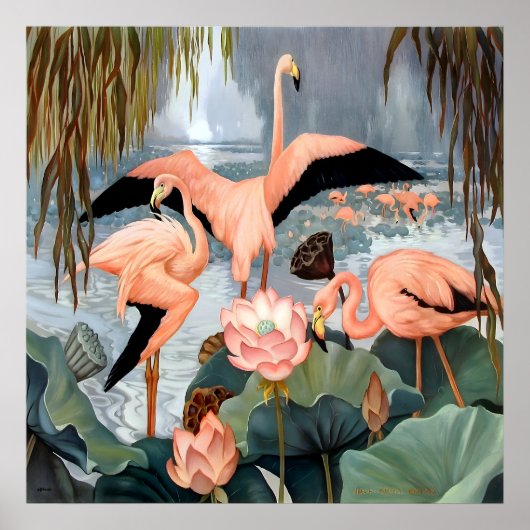 Poster Jessie Arms Botke - Flamants roses et lotus (Devant)