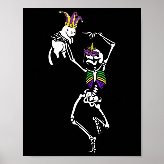 Poster Jester Skeleton Dancing Chat Mardi Gras Masque Car (Devant)