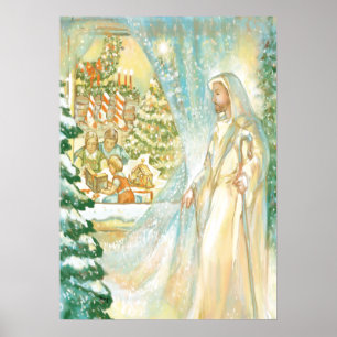 Poster Jésus à Noël regardant par le voile de la neige