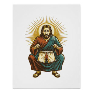 Poster Jésus ajustant un wedgie inconfortable à mi-squat