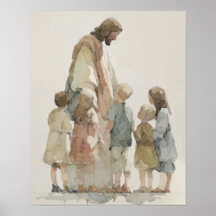 Poster Jésus avec les Enfants Aquarelle
