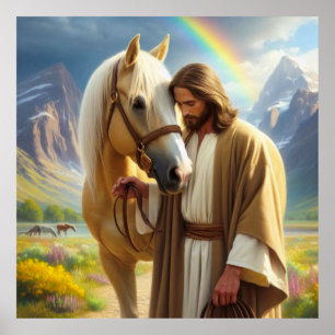 Poster Jésus avec Palomino Horse dans le paysage Pittores
