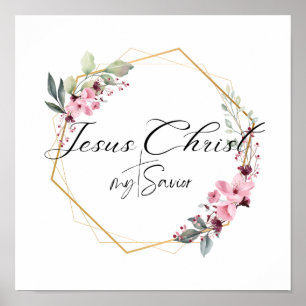 Poster Jésus Christ mon Sauveur Cadre Floral Or