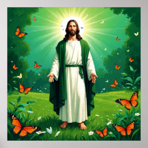 Poster Jésus dans un jardin entouré de papillons