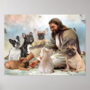 Poster Jésus entouré B? y Chien de taureau français