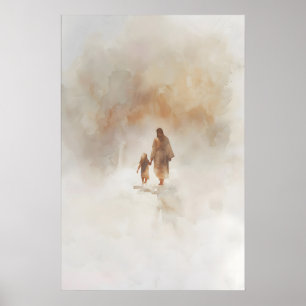 Poster Jésus et la petite fille aquarelle art chrétien