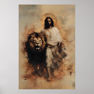 Poster Jésus et le lion de Juda aquarelle chrétienne