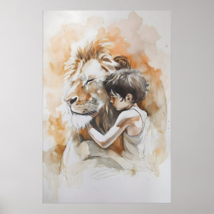 Poster Jésus et le Lion Minimaliste Aquarelle Chrétienne