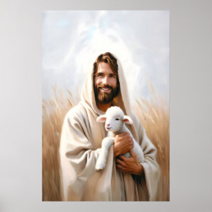 Poster Jésus et les brebis Le Bon Berger Jésus et l'agnea