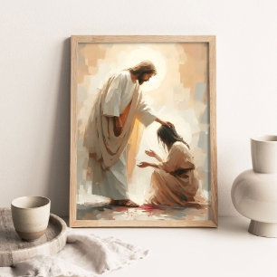 Poster Jésus guérit la femme hémorroïsse, peinture chréti