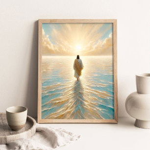 Poster Jésus marchant sur l'eau au lever du soleil, Art c