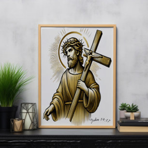 Poster Jésus portant Croix d'or avec grâce