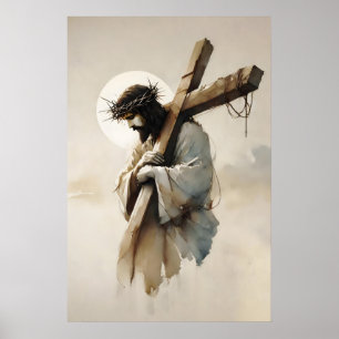 Poster Jésus portant la Croix Aquarelle minimaliste