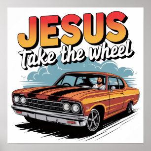 Poster Jesus Prend le Volant Voiture Musclée Vintage