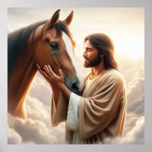 Poster Jésus réconfortant un cheval au ciel