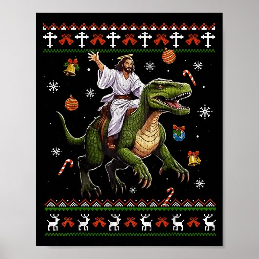 Poster Jesus Riding Dinosaur Funny Meme Ugly Christmas Sw (Devant)