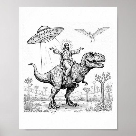 Poster Jesus Riding Dinosaur T-rex Ufo Hunting Alien Sci- (Devant)