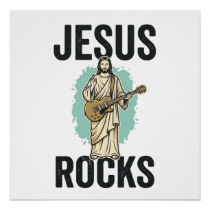 Poster Jésus Rocks Guitare Gravure Chrétienne Vintage Des