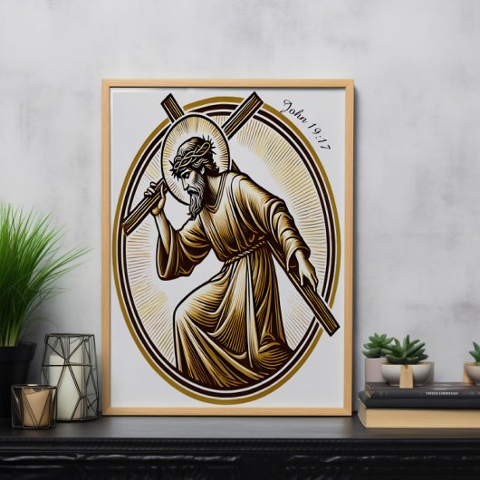 Poster Jésus tenant la croix d'or de manière réversible