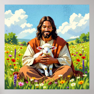 Poster Jésus tenant un agneau   Pâques religieux
