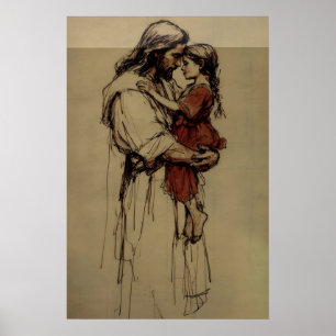 Poster Jésus tenant un enfant, esquisse chrétienne minima