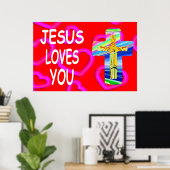 Poster Jésus Vous Aime Avec La Croix Chrétienne (Bureau à domicile)