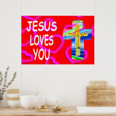 Poster Jésus Vous Aime Avec La Croix Chrétienne (Cuisine)