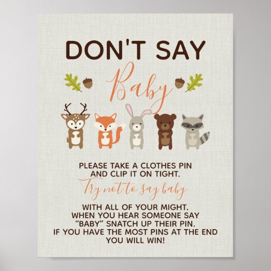 Poster Jeu de Baby shower Woodland - Ne pas dire bébé (Devant)