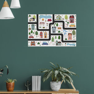 Poster Jeu de cartes pour enfants avec route, voitures et