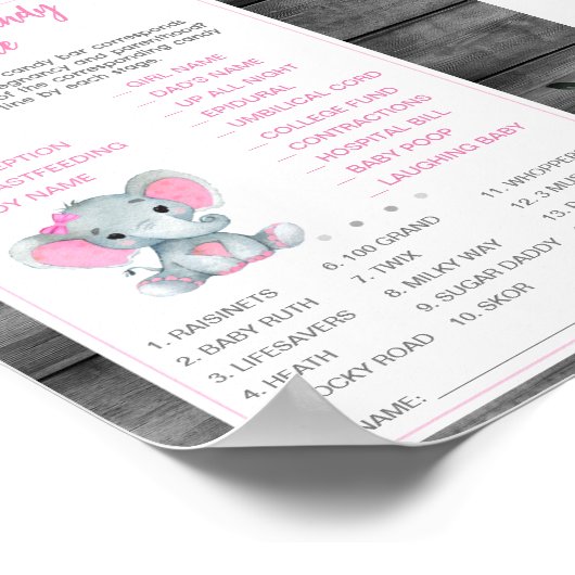 Poster Jeu de devinette des bonbons Baby Shower Éléphant  (Coin)