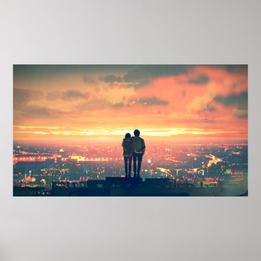 Poster jeune couple debout sur le toit en regardant c (Devant)