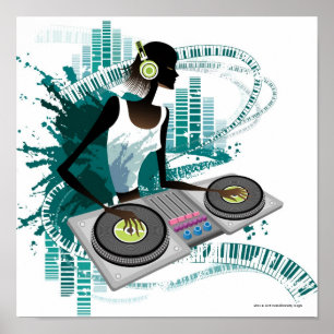 Poster Jeune femme Dj Utiliser le Tourne-disque dans la d
