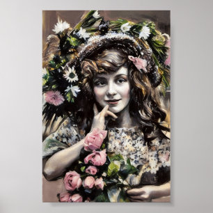 Poster Jeune fille avec chapeau floral roses dessin au pa