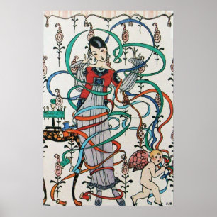 POSTER JEUNE FILLE AVEC RUBAN COLORÉ TOURBILLONNE ET CUPI