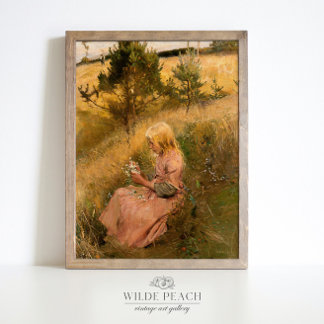 Poster Jeune fille cueillir des fleurs peinture vintage