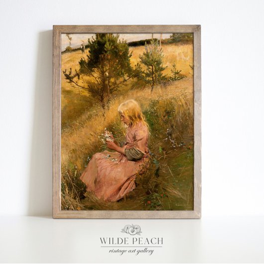 Poster Jeune fille cueillir des fleurs peinture vintage