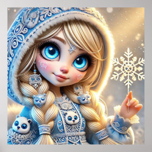 Poster Jeune fille des neiges avec flocon de neige scinti