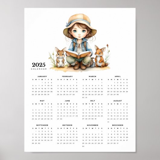 Poster Jeune fille en Casquette Lecture aux lapins Calend (Devant)