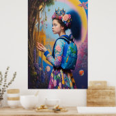 Poster Jeune fille en forêt avec sac à dos (Cuisine)