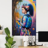 Poster Jeune fille en forêt avec sac à dos (Bureau à domicile)