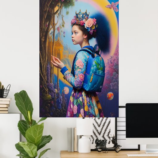 Poster Jeune fille en forêt avec sac à dos (Bureau à domicile)