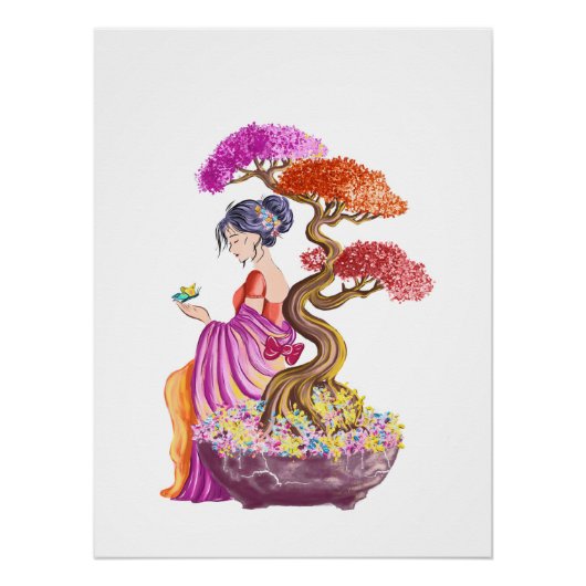 Poster Jeune fille et son arbre japonnais géant. (Devant)