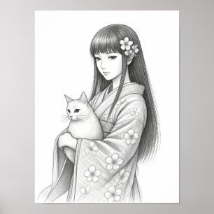 Poster Jeune Fille Japonaise avec un Chat Blanc