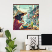 Poster jeune fille mange pho vietnam (Bureau à domicile)