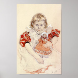 Poster Jeune fille mignonne avec une poupée (Art d'enfanc