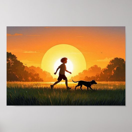 Poster Jeune garçon avec chien au coucher du soleil (Devant)