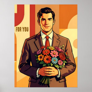 Poster Jeune Homme au Bouquet Style Rétro Personnalisé