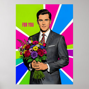Poster Jeune Homme avec Bouquet Style Rétro Personnalisé