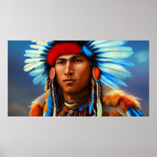 Poster Jeune homme indien américain avec des plumes bleue